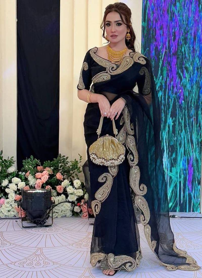 Black Color Zari And Sequence Embroidery Work Rangoli Silk Saree