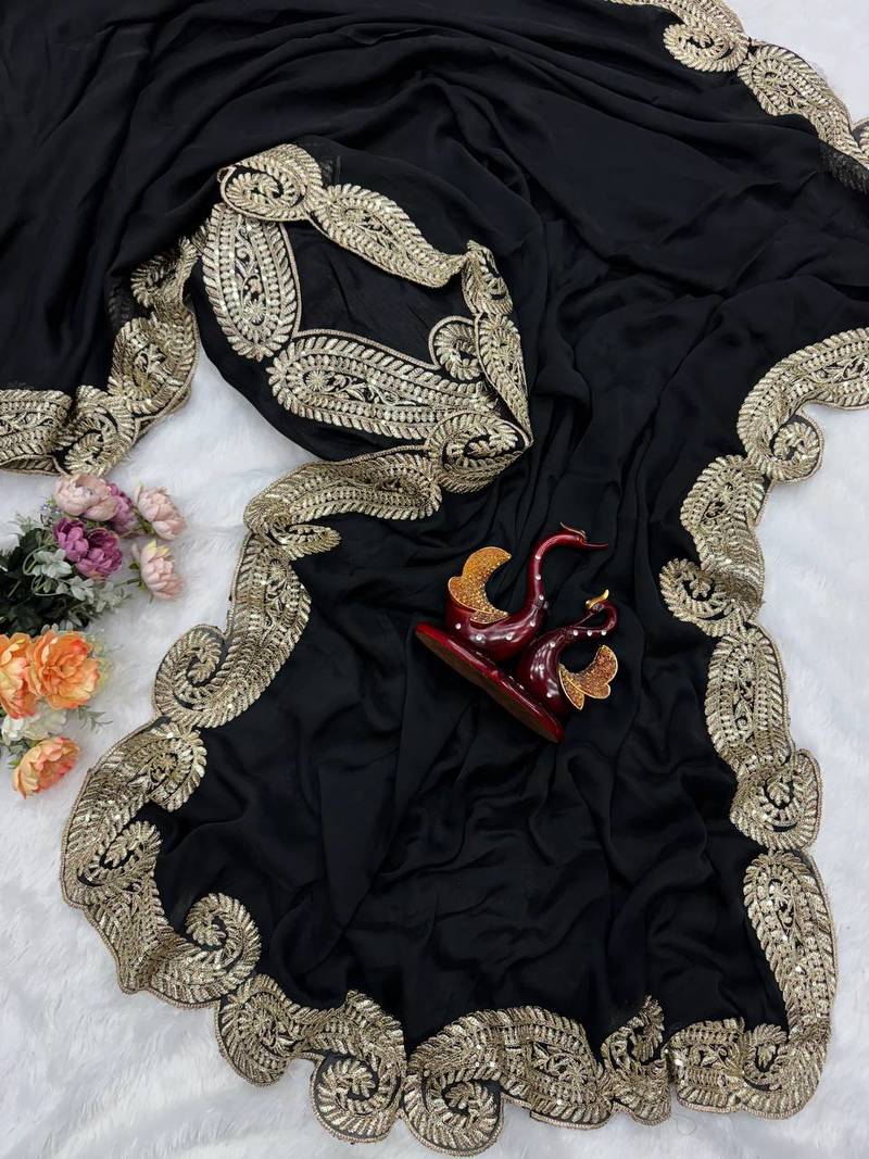 Black Color Zari And Sequence Embroidery Work Rangoli Silk Saree