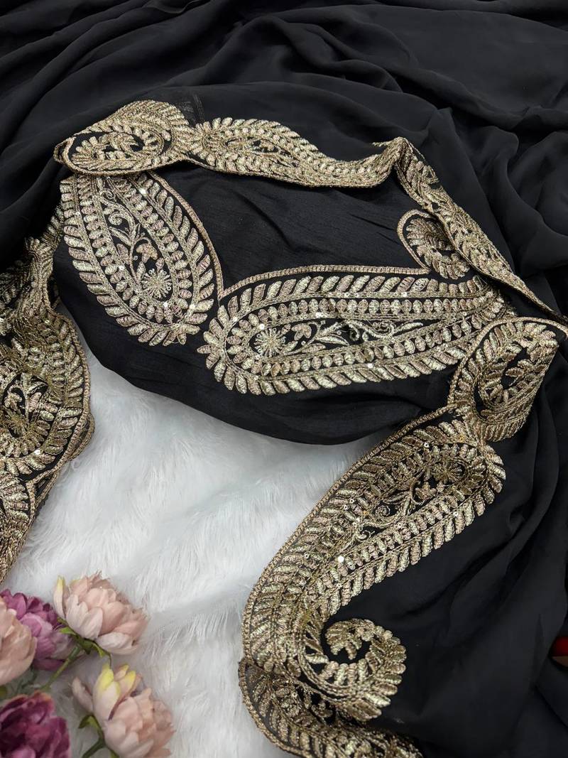 Black Color Zari And Sequence Embroidery Work Rangoli Silk Saree