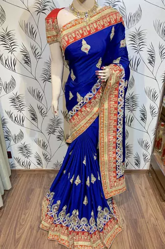Chinon chiffon wedding wear saree in blue with embroidery work & crystal stone work