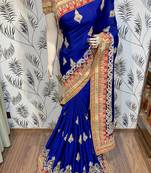 Chinon chiffon wedding wear saree in blue with embroidery work & crystal stone work