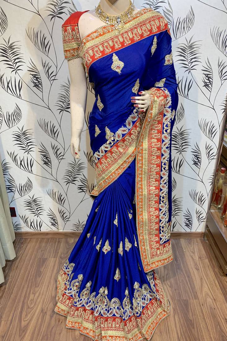 Chinon chiffon wedding wear saree in blue with embroidery work & crystal stone work