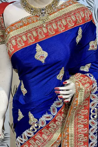 Chinon chiffon wedding wear saree in blue with embroidery work & crystal stone work