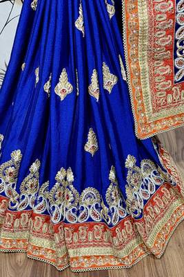 Chinon chiffon wedding wear saree in blue with embroidery work & crystal stone work 3