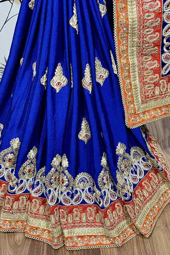 Chinon chiffon wedding wear saree in blue with embroidery work & crystal stone work