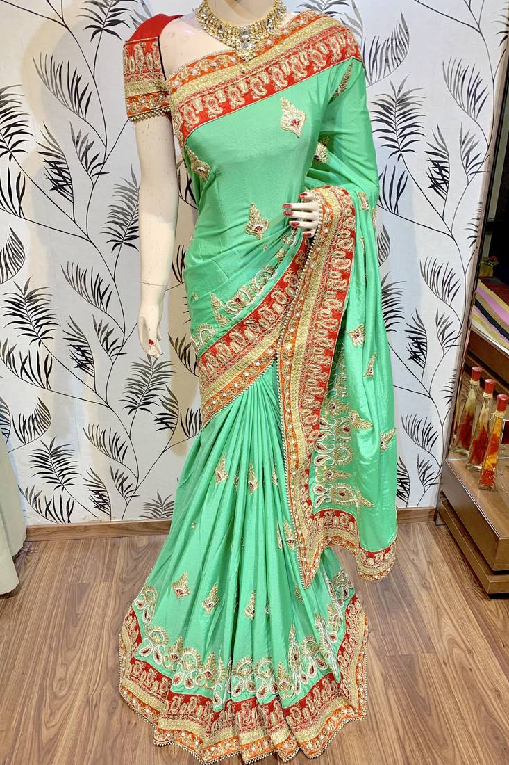 Chinon chiffon wedding wear saree in green with embroidery work & crystal stone work