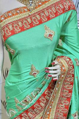 Chinon chiffon wedding wear saree in green with embroidery work & crystal stone work 2