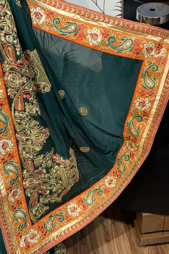 Mulberry silk wedding wear saree in green with embroidery work & crystal stone work