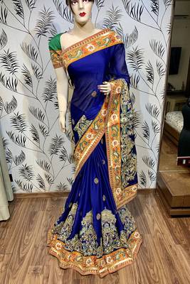 Mulberry silk wedding wear saree in blue with embroidery work & crystal stone work 1