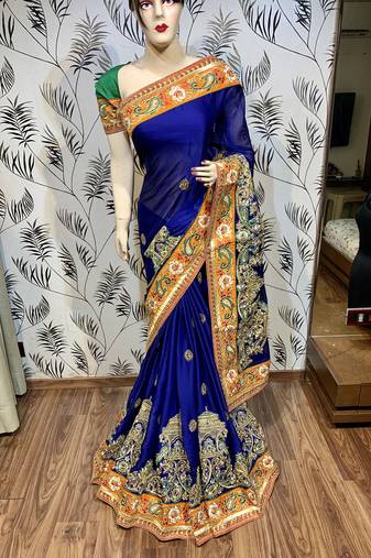 Mulberry silk wedding wear saree in blue with embroidery work & crystal stone work