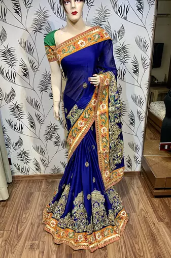 Mulberry silk wedding wear saree in blue with embroidery work & crystal stone work