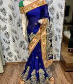 Mulberry silk wedding wear saree in blue with embroidery work & crystal stone work