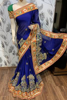 Mulberry silk wedding wear saree in blue with embroidery work & crystal stone work 2