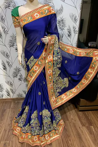 Mulberry silk wedding wear saree in blue with embroidery work & crystal stone work
