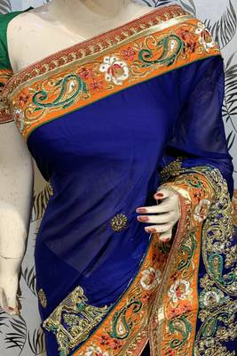 Mulberry silk wedding wear saree in blue with embroidery work & crystal stone work 3
