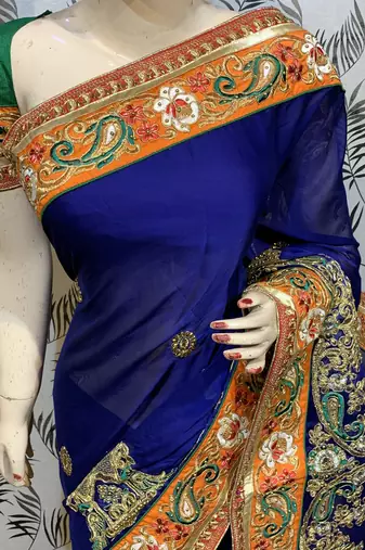 Mulberry silk wedding wear saree in blue with embroidery work & crystal stone work