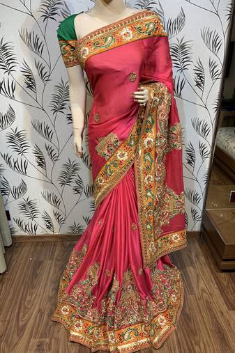 Mulberry silk wedding wear saree in pink with embroidery work & crystal stone work