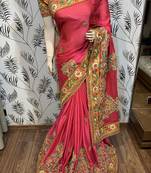 Mulberry silk wedding wear saree in pink with embroidery work & crystal stone work