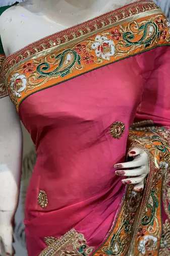 Mulberry silk wedding wear saree in pink with embroidery work & crystal stone work