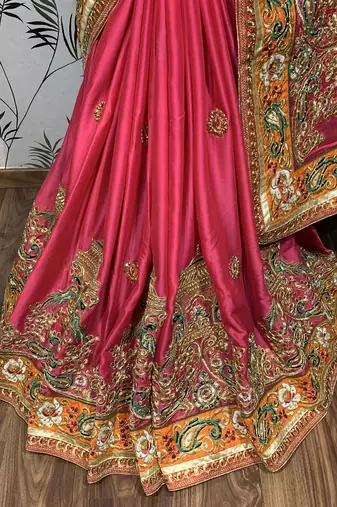 Mulberry silk wedding wear saree in pink with embroidery work & crystal stone work