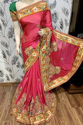 Mulberry silk wedding wear saree in pink with embroidery work & crystal stone work 4