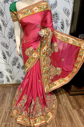 Mulberry silk wedding wear saree in pink with embroidery work & crystal stone work