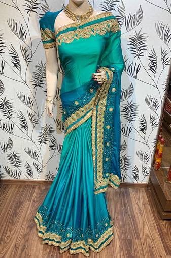 Shadow silk party wear saree in green with embroidery work & crystal stone work