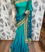 Shadow silk party wear saree in green with embroidery work & crystal stone work