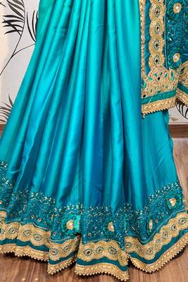 Shadow silk party wear saree in green with embroidery work & crystal stone work 3