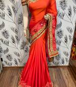 Shadow silk party wear saree in orange with embroidery work & crystal stone work