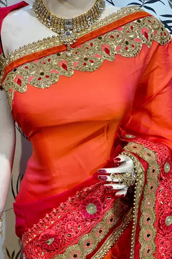 Shadow silk party wear saree in orange with embroidery work & crystal stone work