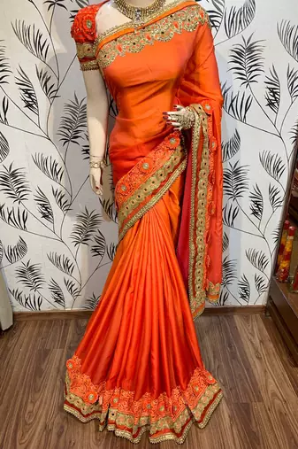Shadow silk party wear saree in orange with embroidery work & crystal stone work
