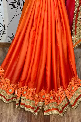 Shadow silk party wear saree in orange with embroidery work & crystal stone work