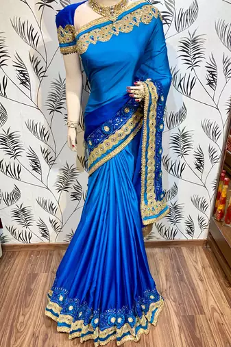Shadow silk party wear saree in blue with embroidery work & crystal stone work