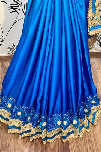 Shadow silk party wear saree in blue with embroidery work & crystal stone work