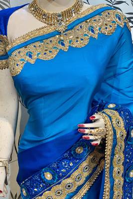 Shadow silk party wear saree in blue with embroidery work & crystal stone work 3