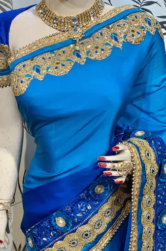 Shadow silk party wear saree in blue with embroidery work & crystal stone work