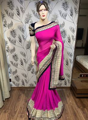 Georgette party wear saree in pink with embroidery work 1