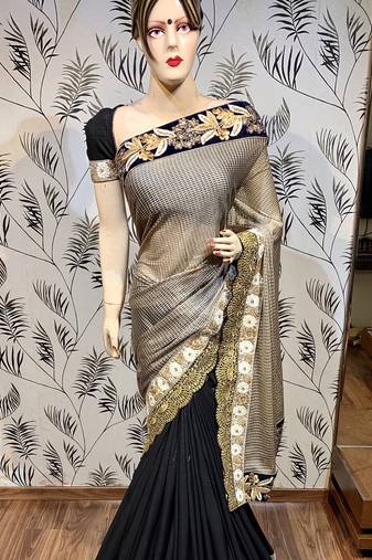 Fancy imported fabrics party wear saree in black with embroidery & crystal stone work