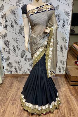 Fancy imported fabrics party wear saree in black with embroidery & crystal stone work 2