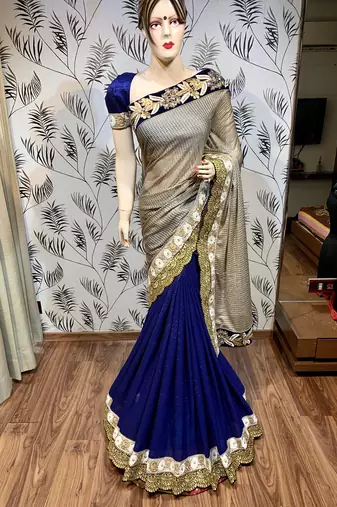 Fancy imported fabrics party wear saree in blue with embroidery & crystal stone work