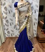 Fancy imported fabrics party wear saree in blue with embroidery & crystal stone work