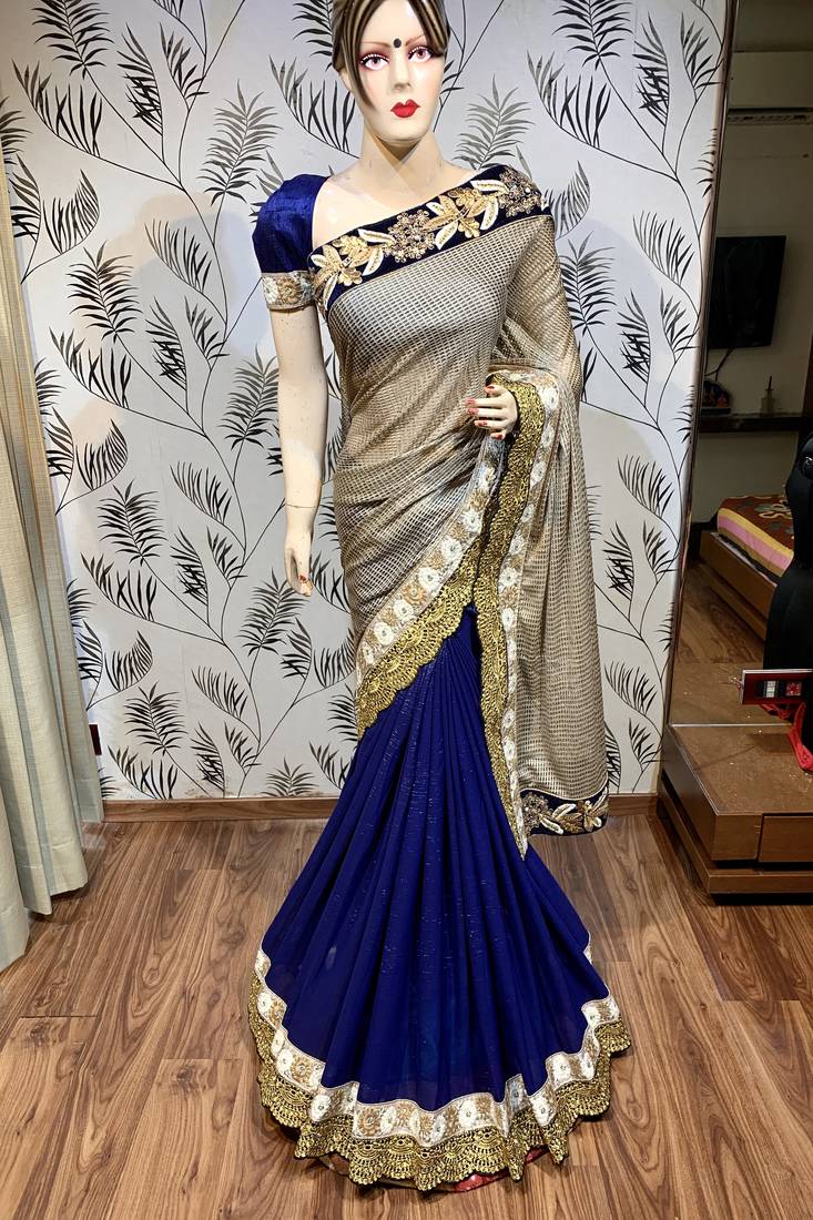 Fancy imported fabrics party wear saree in blue with embroidery & crystal stone work