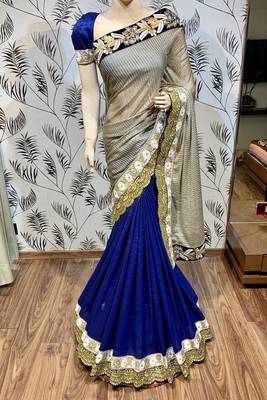 Fancy imported fabrics party wear saree in blue with embroidery & crystal stone work 2