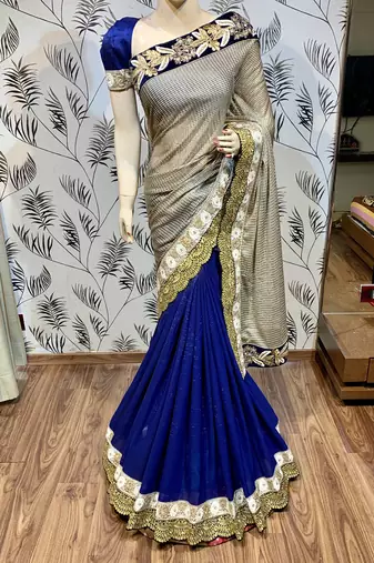 Fancy imported fabrics party wear saree in blue with embroidery & crystal stone work