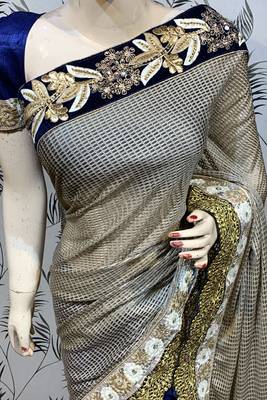 Fancy imported fabrics party wear saree in blue with embroidery & crystal stone work 3