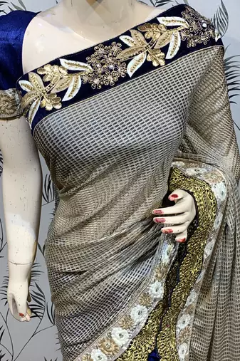 Fancy imported fabrics party wear saree in blue with embroidery & crystal stone work