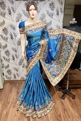 Pure silk wedding wear saree in blue with embroidery work & handwork 2