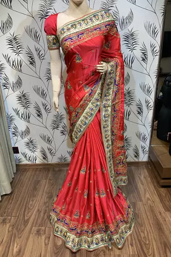 Pure silk wedding wear saree in red with embroidery work & handwork