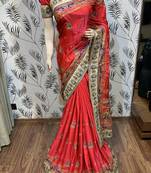Pure silk wedding wear saree in red with embroidery work & handwork